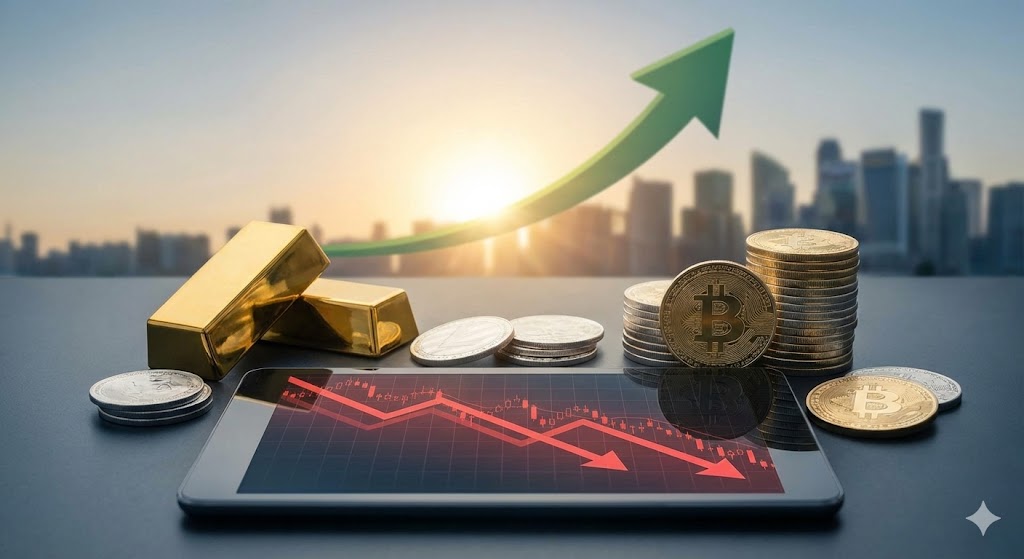 Altın külçeleri, gümüş sikkeler ve Bitcoin sembolü önünde aşağı yönlü kırmızı borsa grafiği. Altın, Gümüş ve Bitcoin Neden Düşüyor?