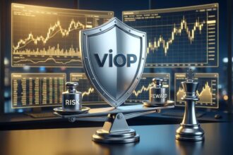 VİOP risk yönetimi VİOP piyasasında risk ve ödül dengesini gösteren, altın renkli finansal grafikler önünde kalkan ve satranç taşı metaforlu görsel.