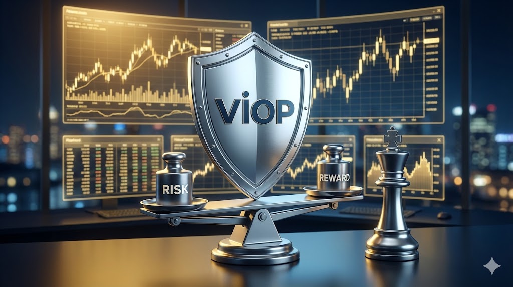 VİOP risk yönetimi VİOP piyasasında risk ve ödül dengesini gösteren, altın renkli finansal grafikler önünde kalkan ve satranç taşı metaforlu görsel.