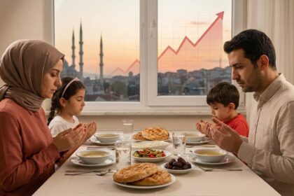 2026 Ramazan ayında iftar sofrasında dua eden dört kişilik bir aile; sofrada Ramazan pidesi, çorba ve hurma bulunurken, pencerenin dışındaki cami manzarası üzerinde yükselen kırmızı enflasyon grafiği simgesi. Ramazan 2026 maliyeti