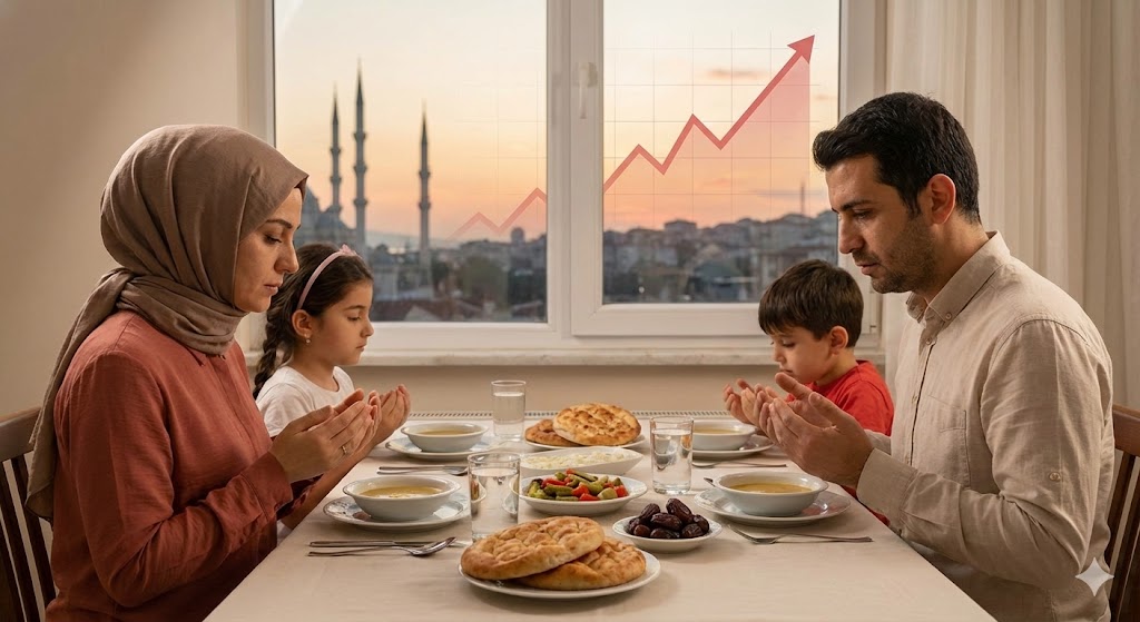 2026 Ramazan ayında iftar sofrasında dua eden dört kişilik bir aile; sofrada Ramazan pidesi, çorba ve hurma bulunurken, pencerenin dışındaki cami manzarası üzerinde yükselen kırmızı enflasyon grafiği simgesi. Ramazan 2026 maliyeti