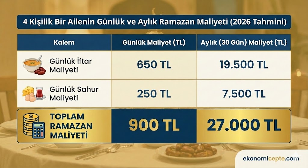 4 kişilik bir ailenin 2026 yılı tahmini günlük iftar (650 TL), sahur (250 TL) ve toplam aylık Ramazan gıda maliyetini (27.000 TL) gösteren ekonomicepte.com infografiği ve tablosu. Ramazan 2026 maliyeti